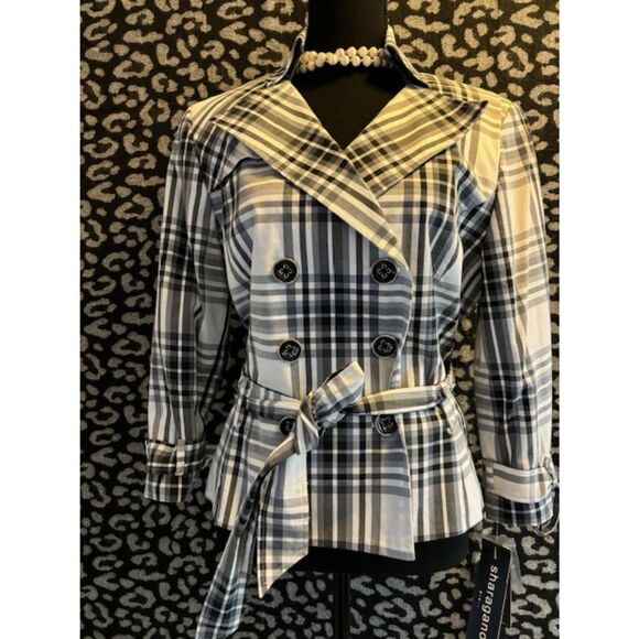 Sharagano Black/white double breasted Jacket, Padded Shoulders Tie Belt Sz14 NWT - Picture 1 of 4